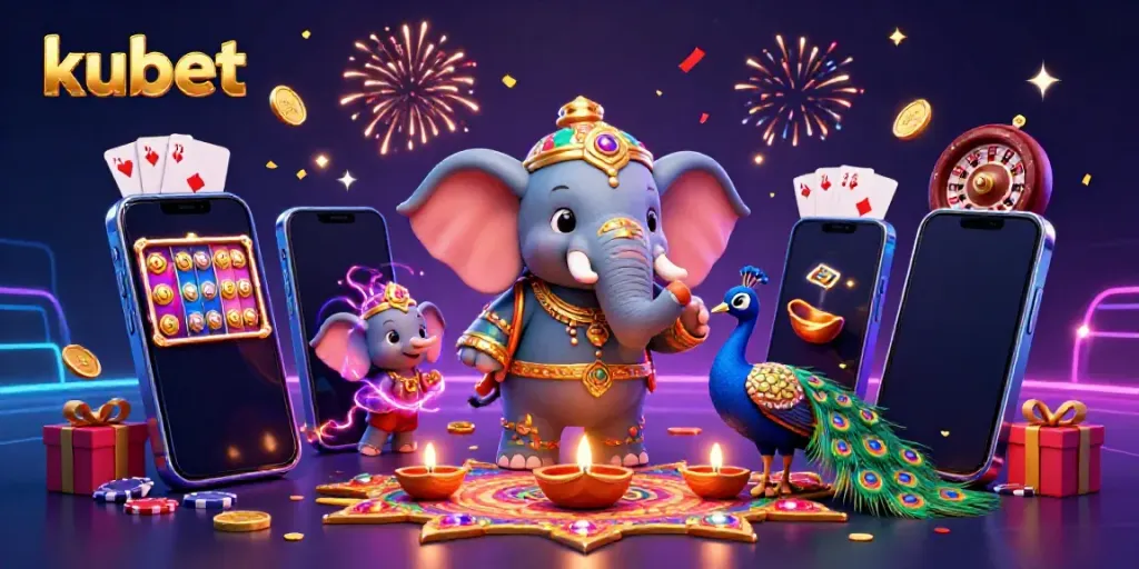 Kubet slots gaming experience with a vibrant Diwali-themed elephant, floating diyas, and dynamic Casino elements.