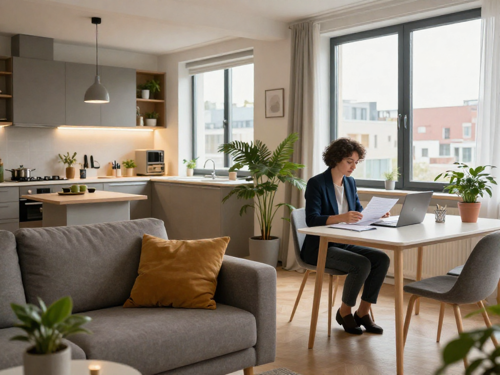 Gemütliches Monteurzimmer Hannover mit modernem Interieur und Arbeitsbereich.
