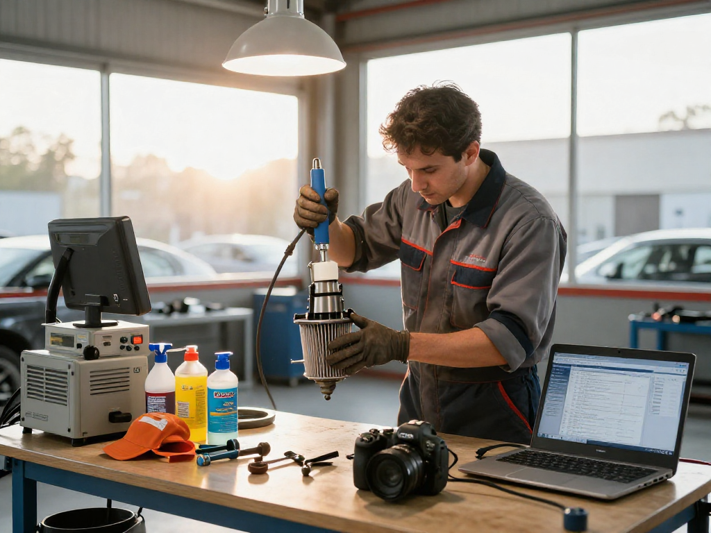 Mechaniker reinigt DPF während der Wartung, spezialisierte Werkzeuge und Licht im Hintergrund. dpf reinigen