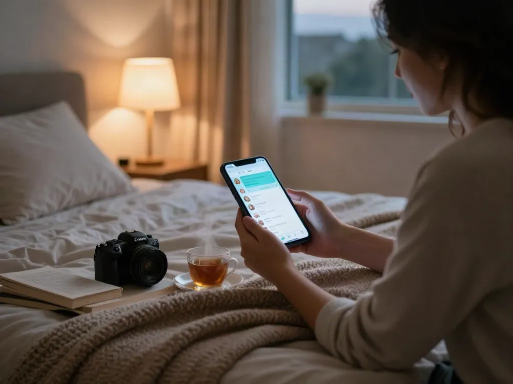 Individual engaging in a lively sex chat on their smartphone in a cozy bedroom.