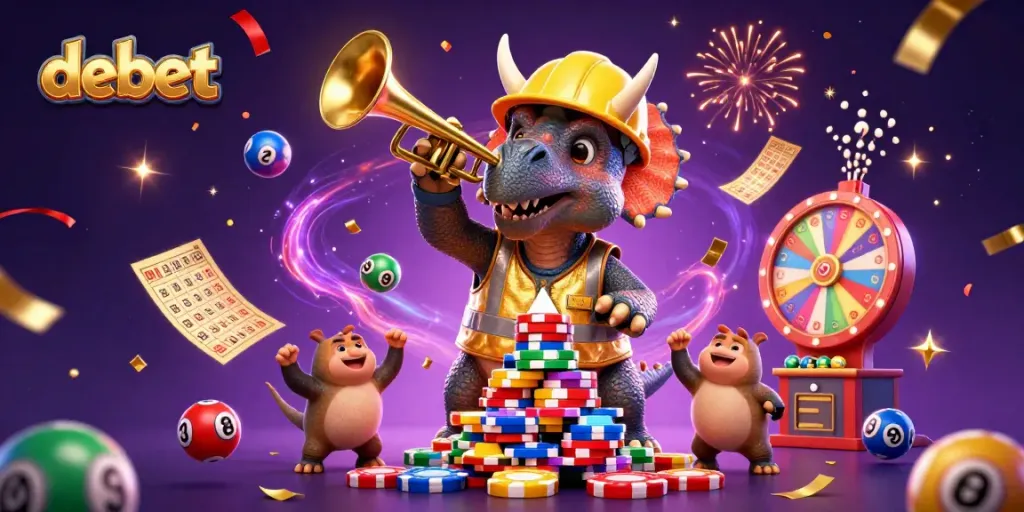 Engage with exciting debet lottery games featuring a dynamic scene of a triceratops building poker chips.