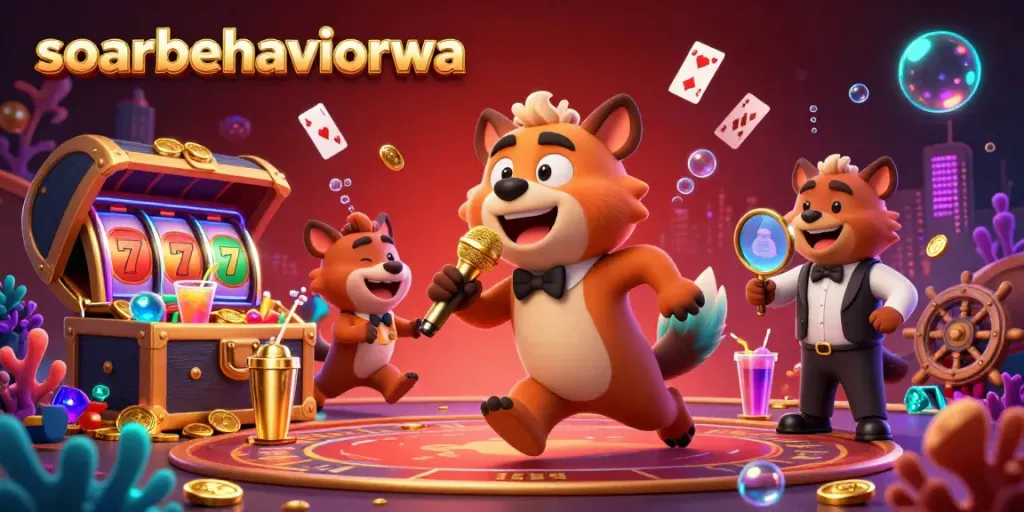 Experience soarbehaviorwa at a dynamic comedy casino with hyena entertainers amidst vibrant gambling elements.