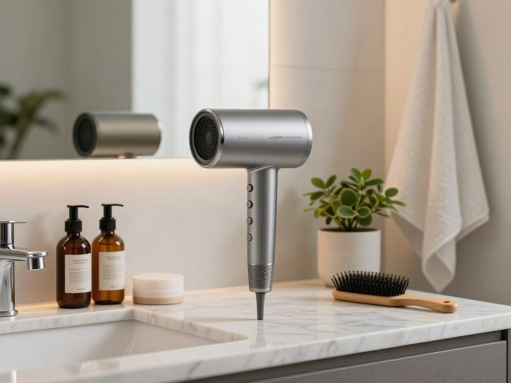 Laifen Föhn auf einem modernen Badezimmertisch mit Haarkosmetik und Pflanzen dekoriert.