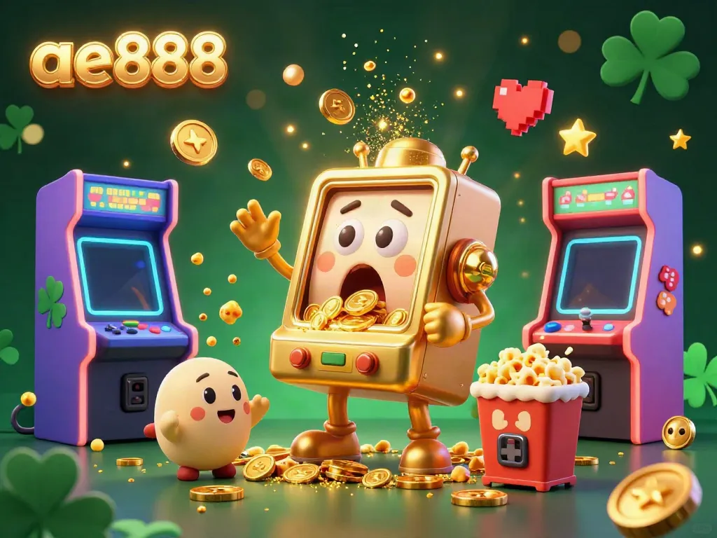 Experience the excitement at ae888 as a golden slot machine hits a jackpot, surrounded by baby machines and vibrant arcade games.