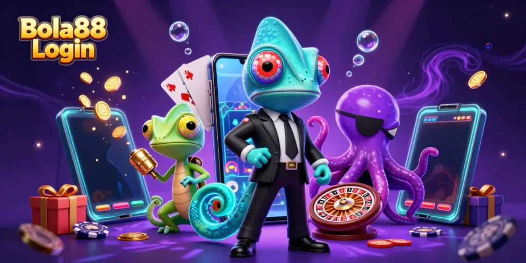 Engage with the vibrant gaming world of Bola88 Login through a dynamic scene filled with 3D characters and gaming elements.
