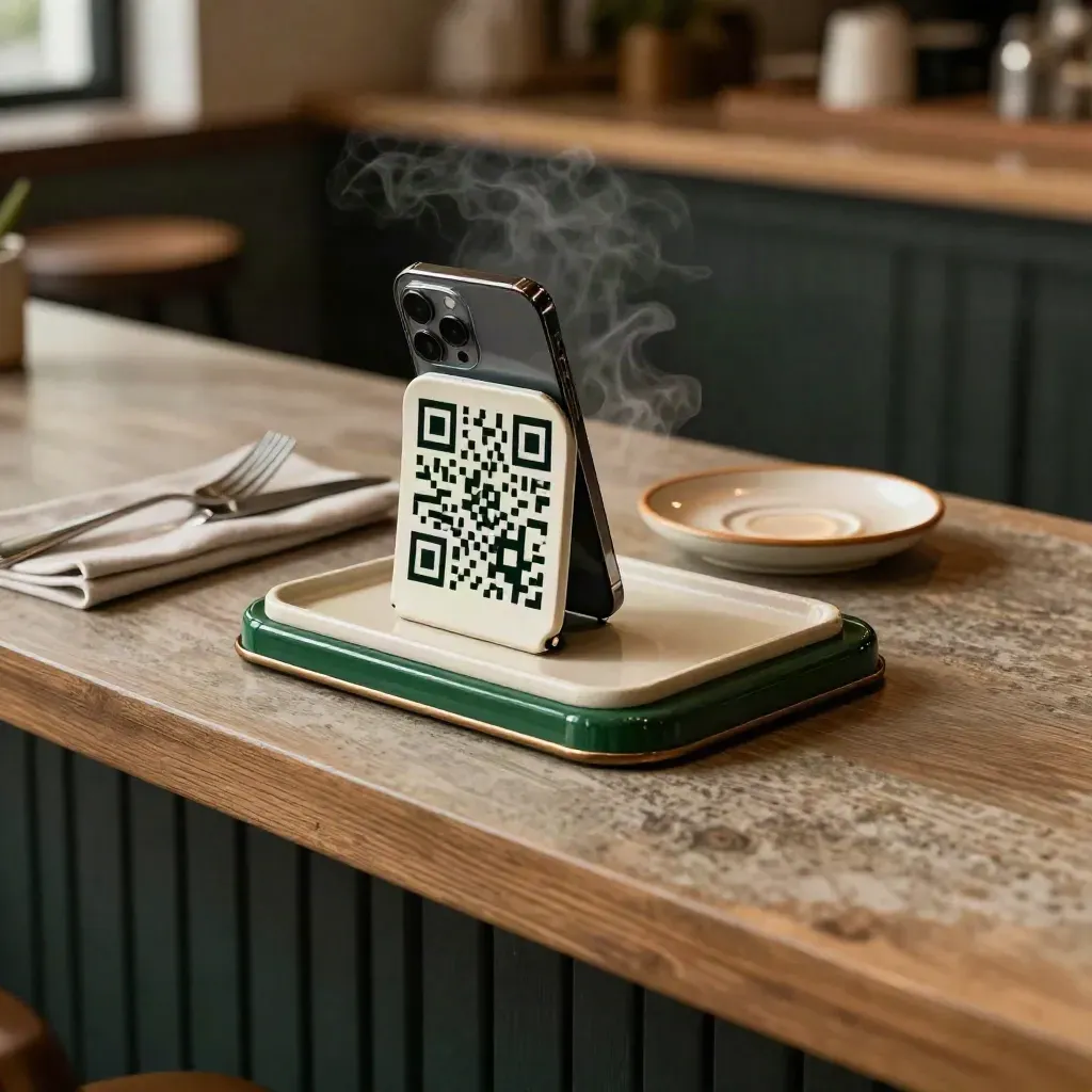 QR-Tischaufsteller mit Handyhalter und Besteck an einer Cafétheke im Morgenlicht