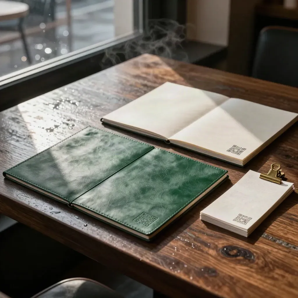 Menükarten und QR-Tischaufsteller auf einem Bistrotisch im Regenlicht
