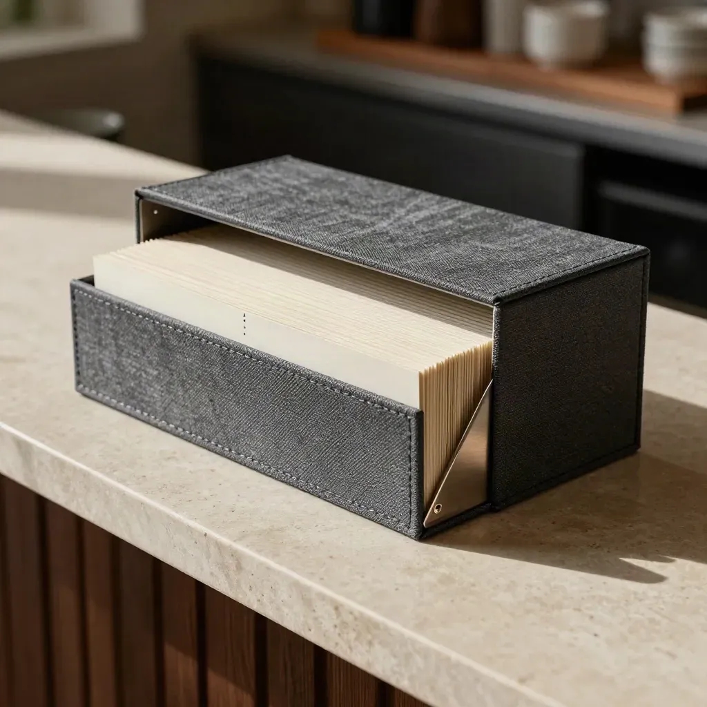 Charcoal-Menü mit wechselnden Einstecktaschen auf Steintheke, im Moment des Umordnens.