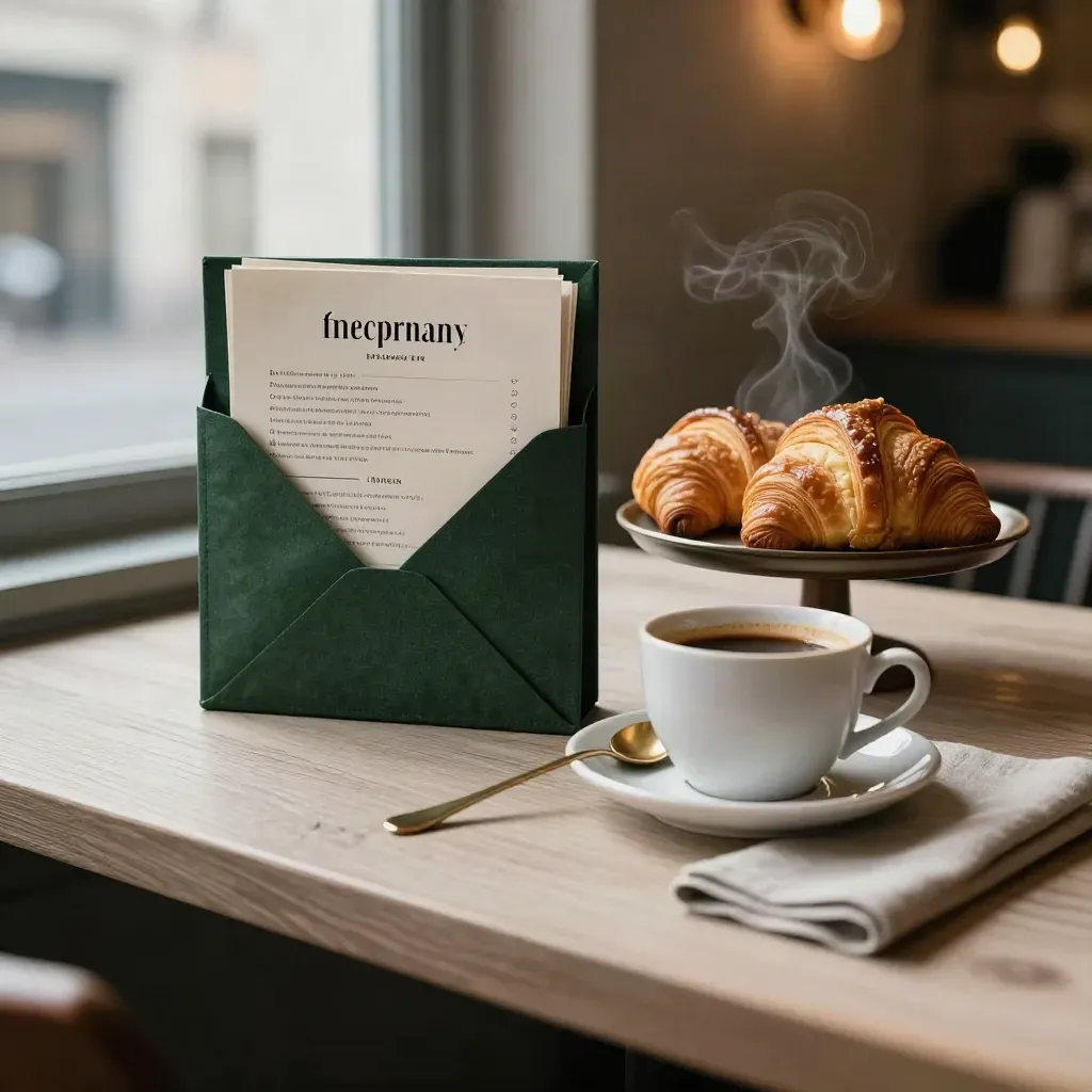 Café-Menü neben Croissants und Tasse auf hellem Holz, warmes Morgenlicht im leeren Café.