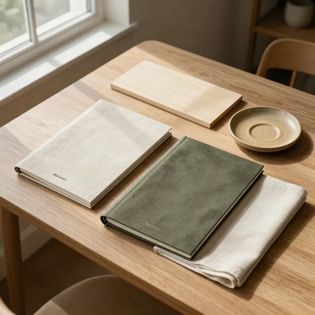 Menü-Cover, Stoffserviette, Keramiksaucer und Holzprobe im warmen Flat Lay