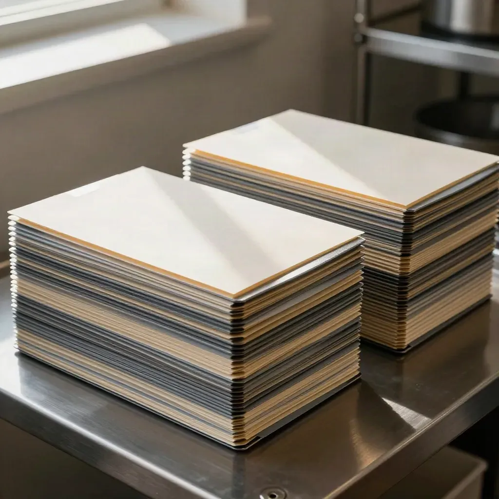 Stapelbare Menühüllen und Transportmappen auf einer Metallfläche im Catering-System.