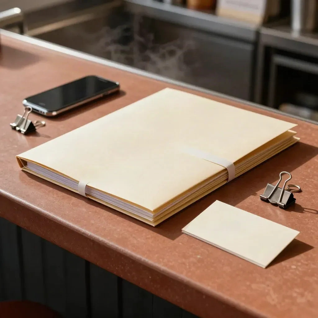 Geschlossener Projektordner mit Umschlägen, Handy und Klammern auf warmer Restauranttheke