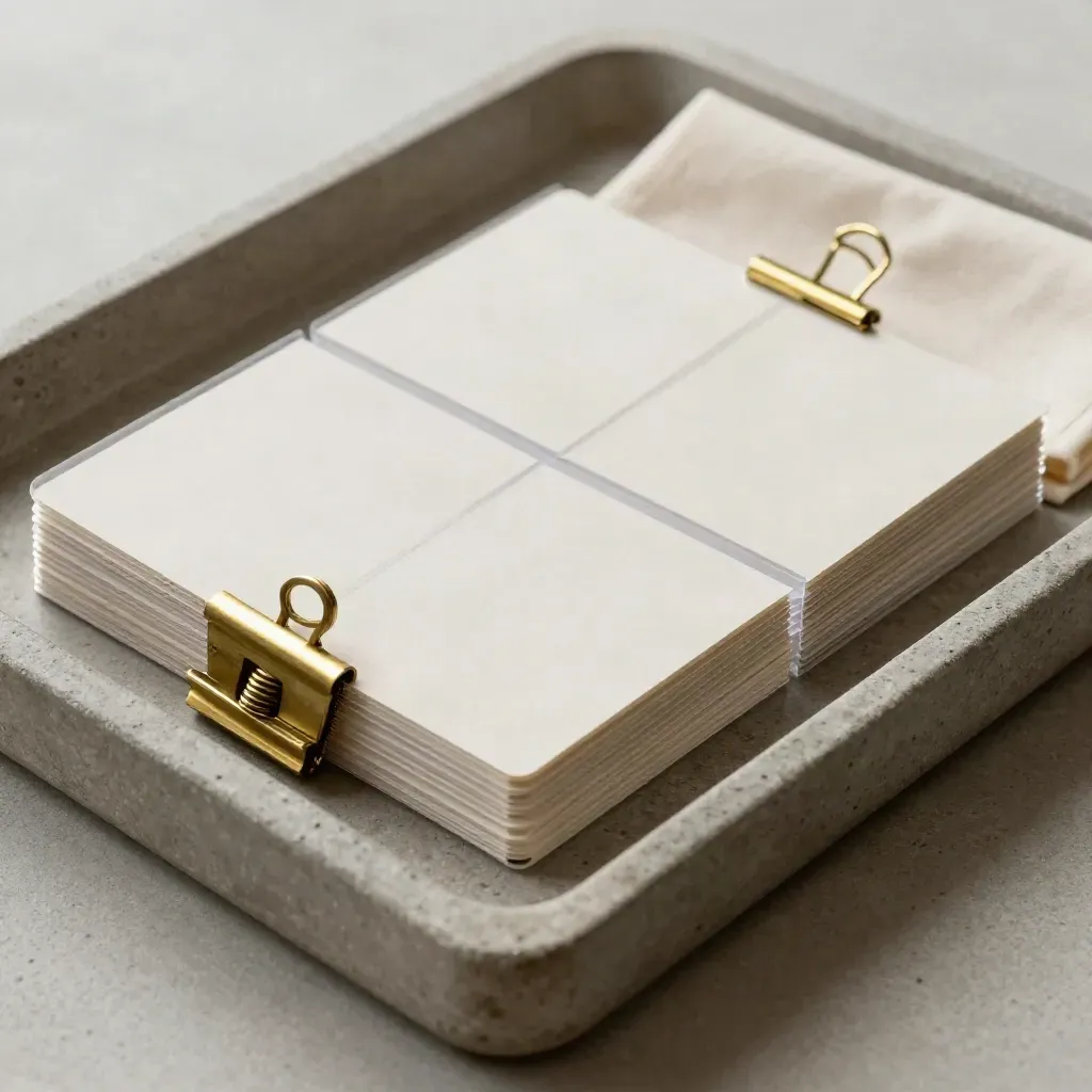 Transparente Layout-Overlays, cremefarbene Karten und Messingclip im Steintray.