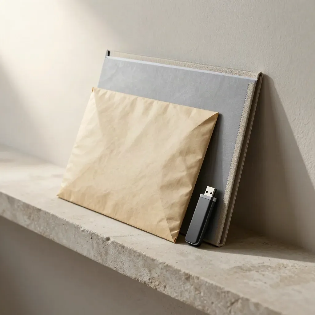 Versiegelter Versandumschlag, USB-Stick und Archivmappe auf hellem Steinsims.