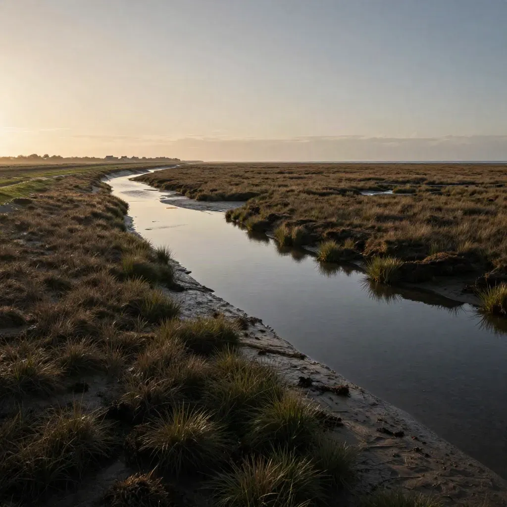 Nordsee-Marsch mit Deich, Prielen und fernen Dorfdächern im warmen Abendlicht.