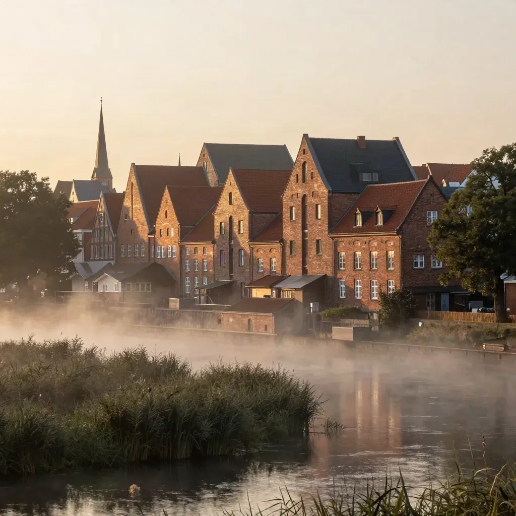 Hanseatische Backstein-Skyline über dem Fluss im goldenen Morgennebel