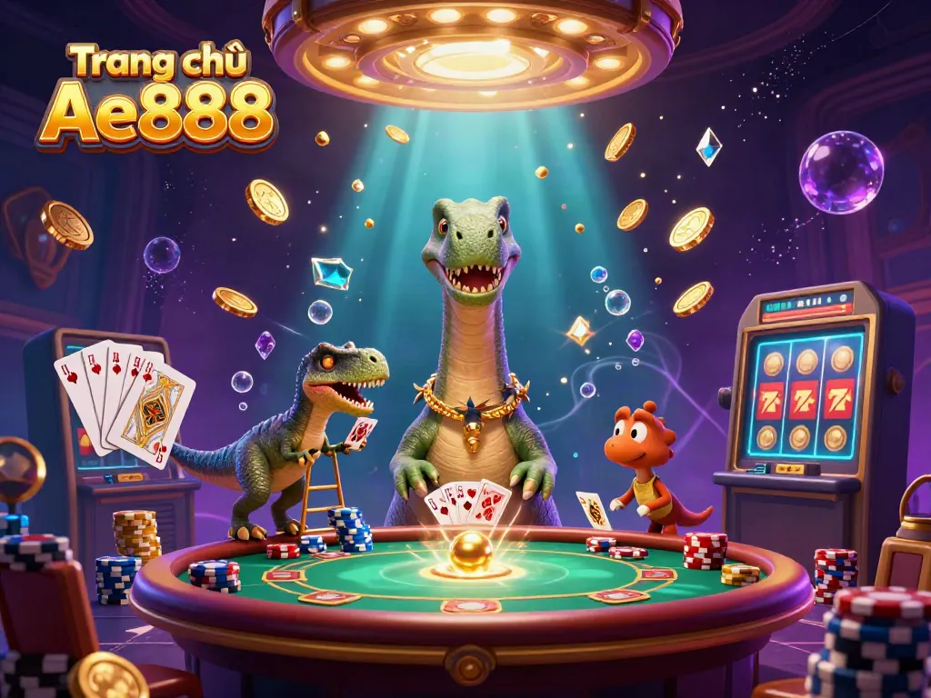 Engage with the vibrant casino atmosphere at Trang chủ Ae888, showcasing cartoon dinosaurs amidst a feast of golden coins and poker elements.