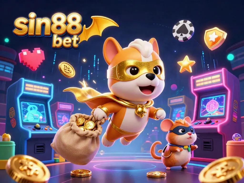 Experience the thrill of sin88 bet with a superhero dog and vibrant casino elements.