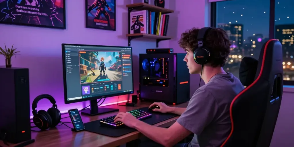Engaged gamer accessing rokok88 slot login at a vibrant gaming setup with colorful LEDs and performance gear.