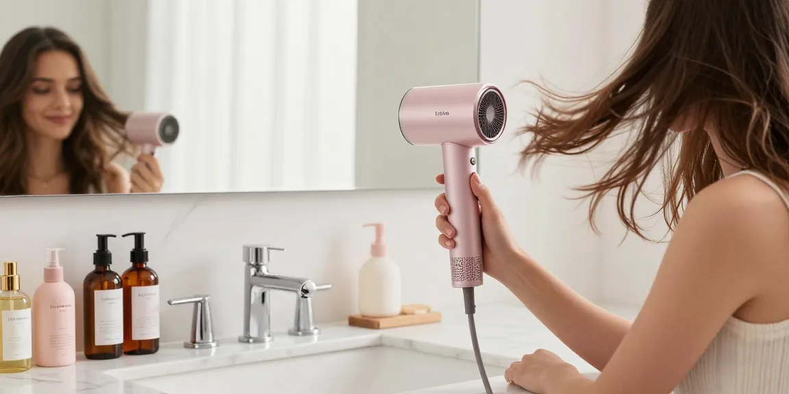 Laifen Föhn im modernen Badezimmer, junge Frau trocknet ihr Haar.