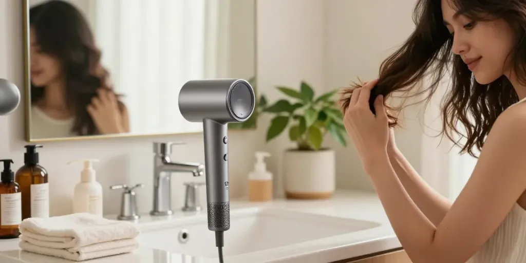 Haartrockner im Test: Moderne Frau benutzt Laifen Haartrockner im eleganten Badezimmer.