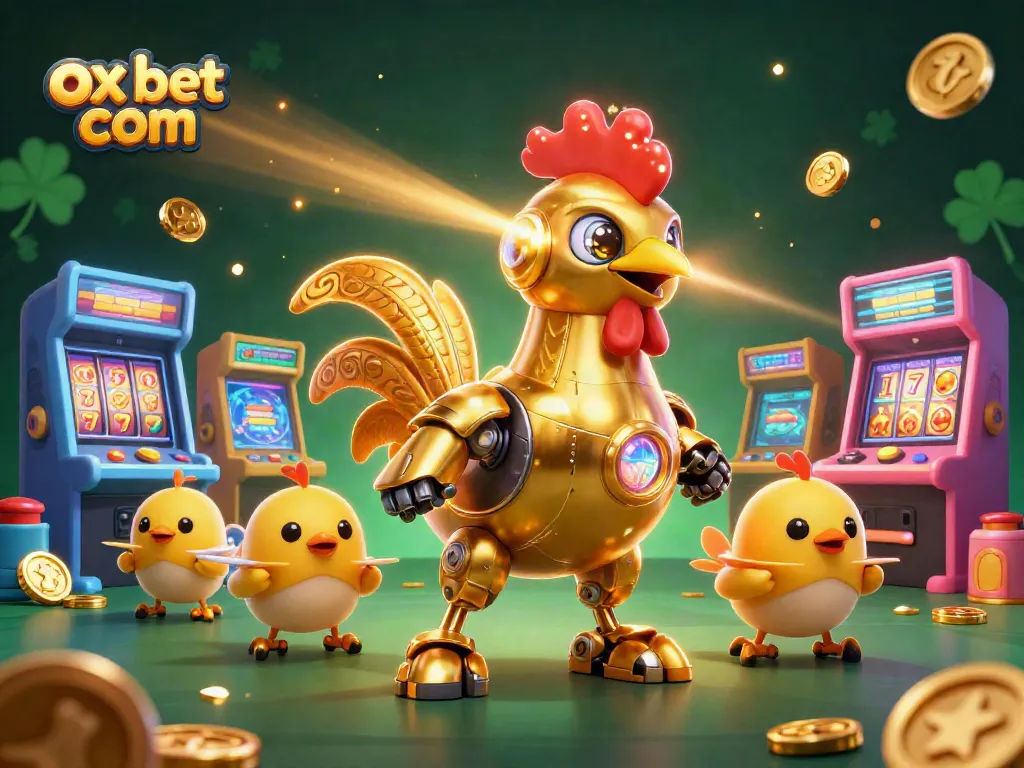 Bet at ox bet com and win big with engaging arcade and casino games featuring a golden rooster robot.